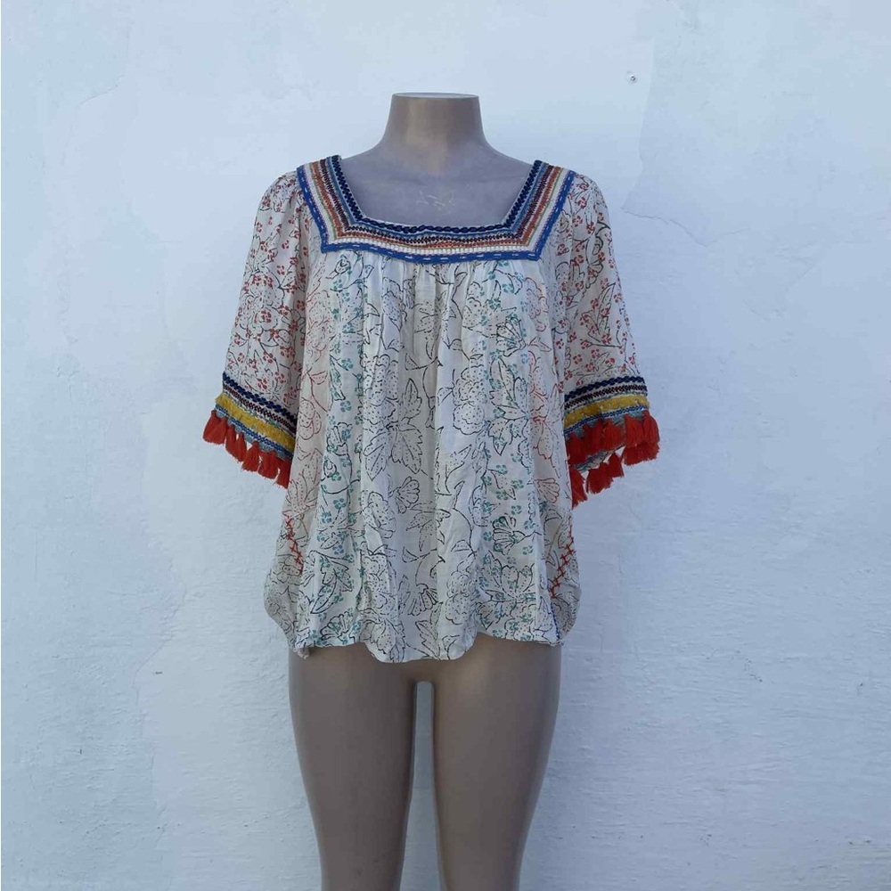 Maeve Cream Floral Blouse with Blue and Red Trim - Picture 1 of 8